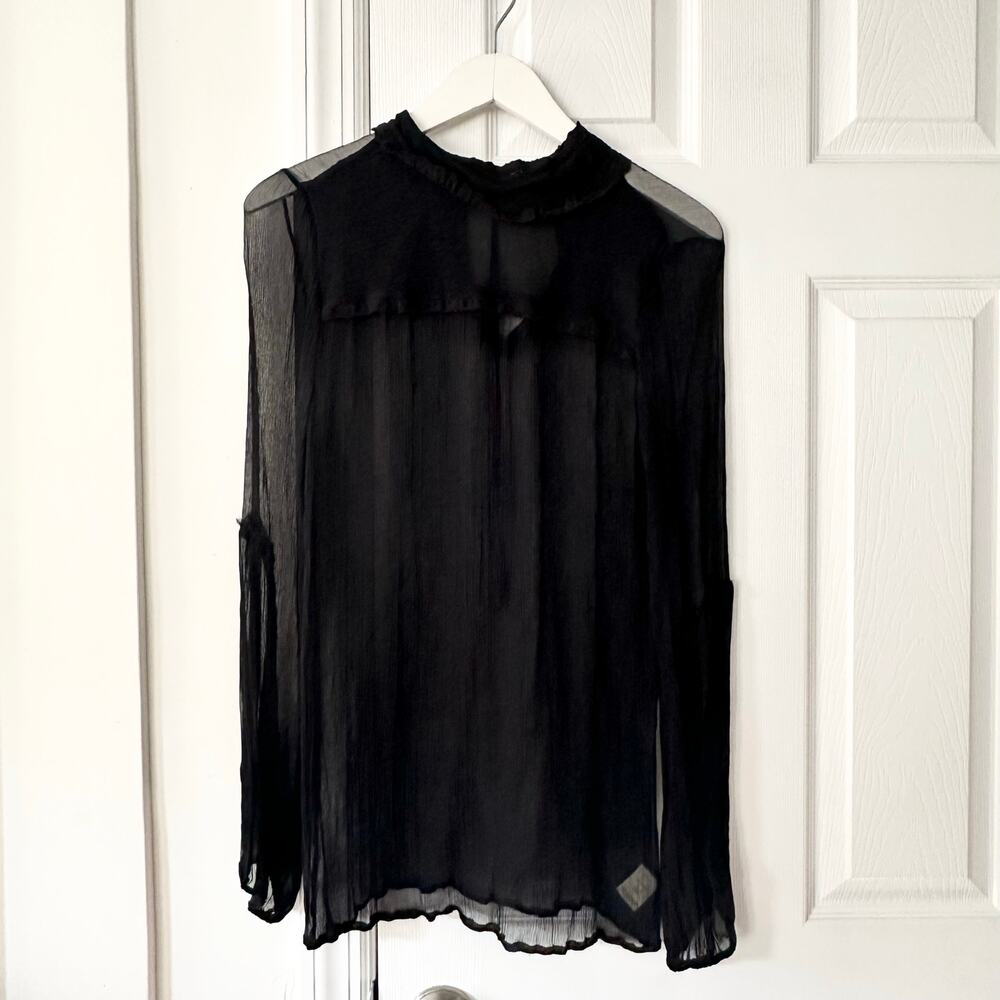 Free People Black Sheer Silk High Neck Vtg Victorian Witchy Core Blouse 6 Small